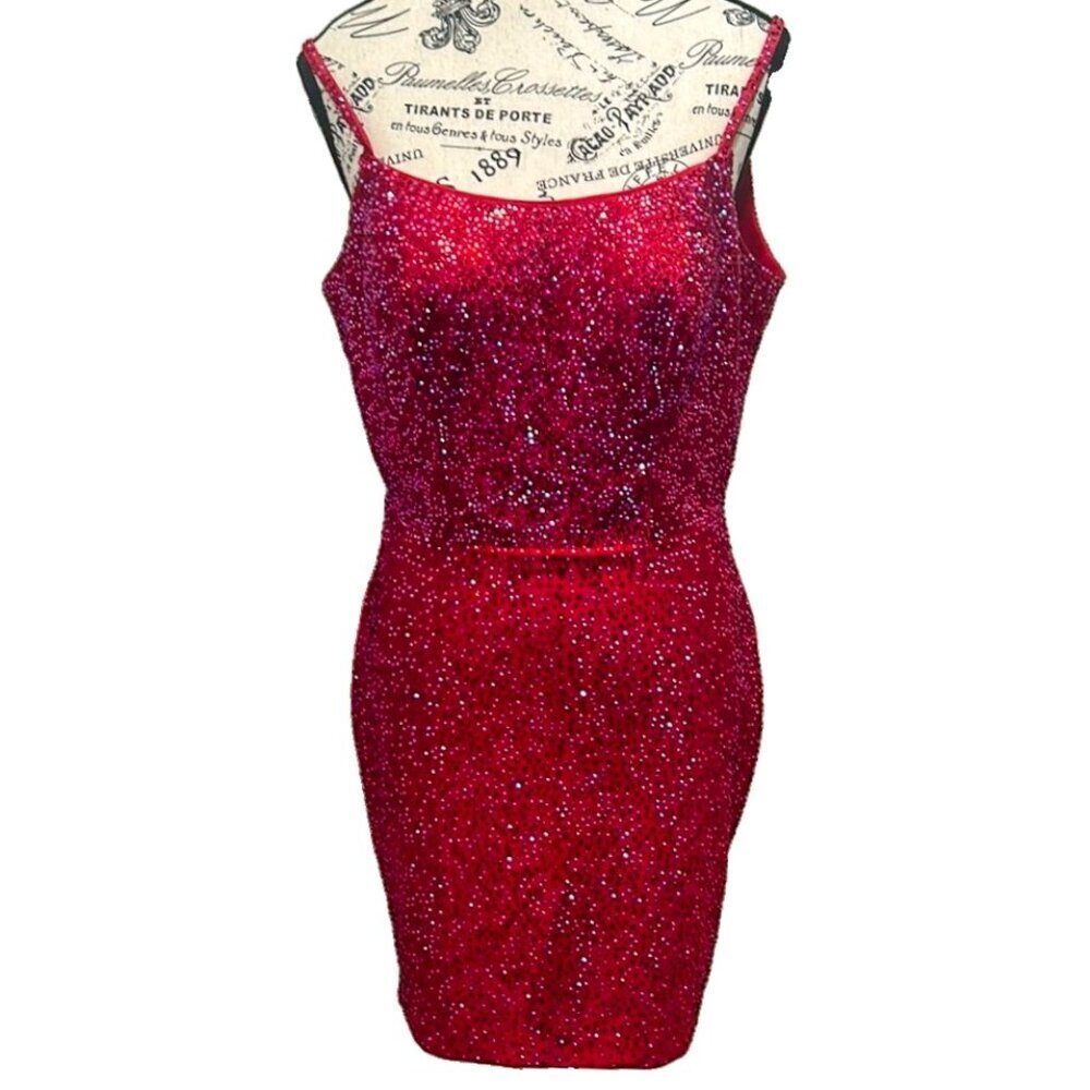 Amarra Red Rhinestone Open Back Mini Bodycon Prom Dress 6
